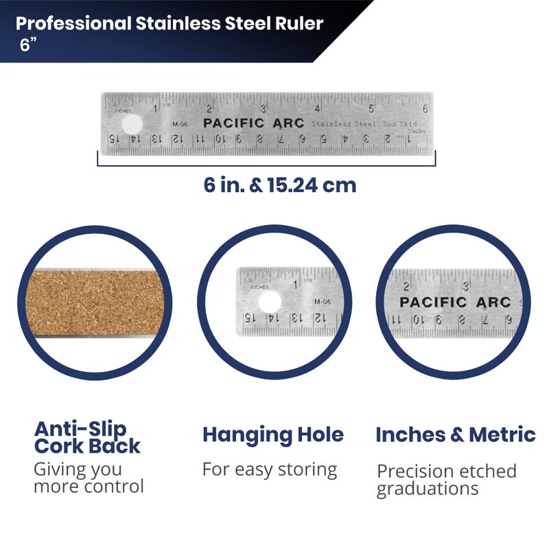 Pacific Arc Stainless Steel 6 Inch Metal Ruler Non-Slip Cork Back, with Inch and Metric Graduations - Image 3